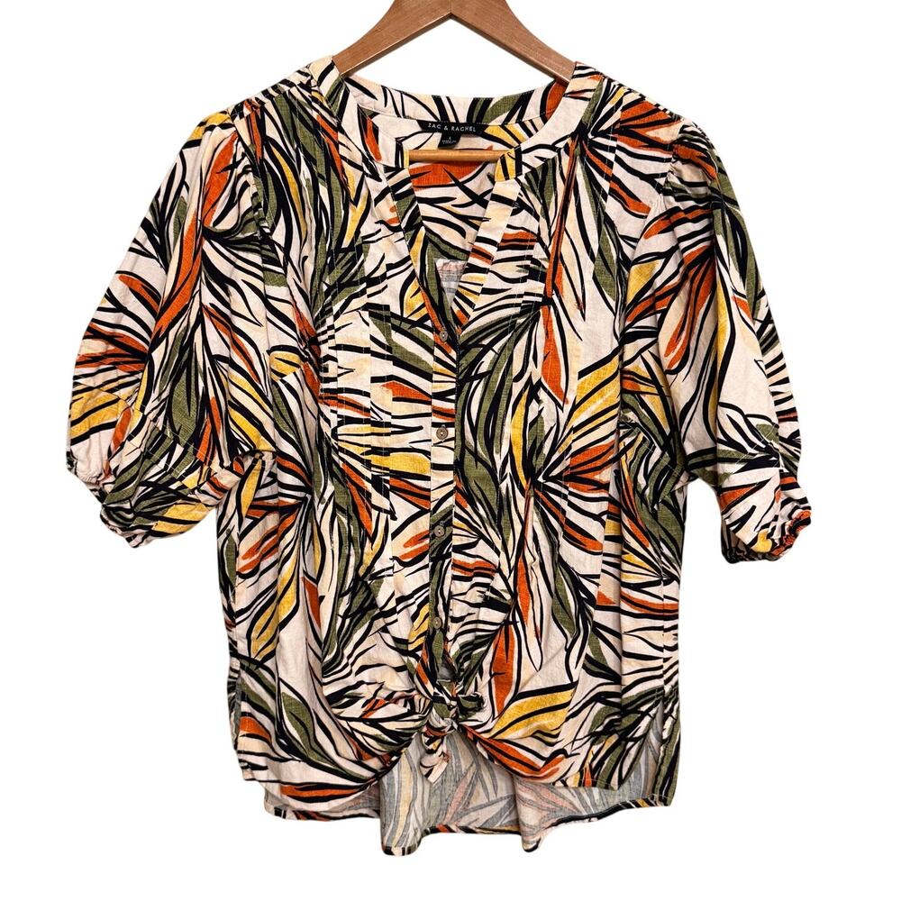 Zac & Rachel Linen Blend Tropical Print Button Front Blouse Large Boxy Casual